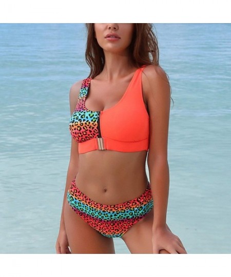 Sets Women's Leopard Bikini Set Padded Tank Top Buckle Front Low Back Two Piece Swimsuit - Orange - CG1998Z0UOS