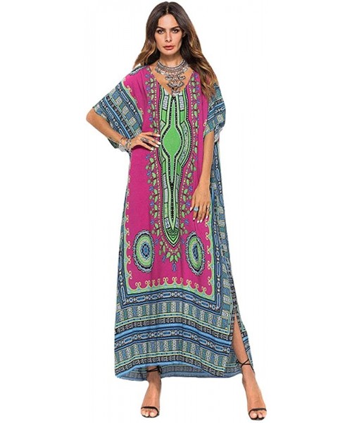 Cover-Ups Women's African Floral Print Maxi Long Dress Bat Sleeves Full Dress Bikini Cover up - Rose Red - CN199U3KE7S