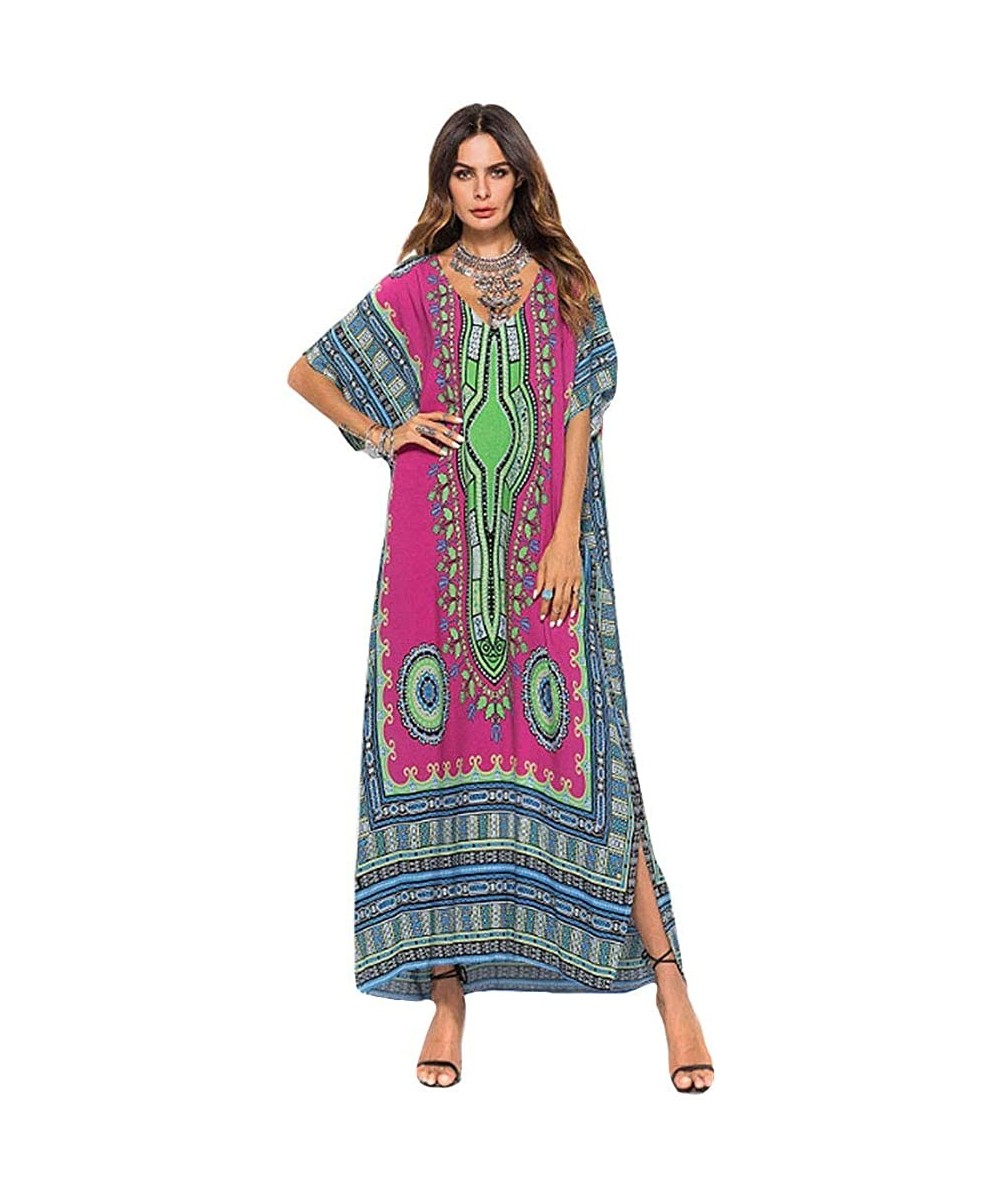 Cover-Ups Women's African Floral Print Maxi Long Dress Bat Sleeves Full Dress Bikini Cover up - Rose Red - CN199U3KE7S