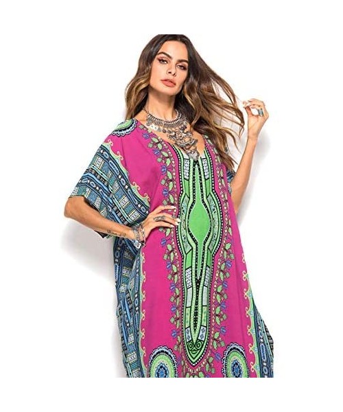 Cover-Ups Women's African Floral Print Maxi Long Dress Bat Sleeves Full Dress Bikini Cover up - Rose Red - CN199U3KE7S