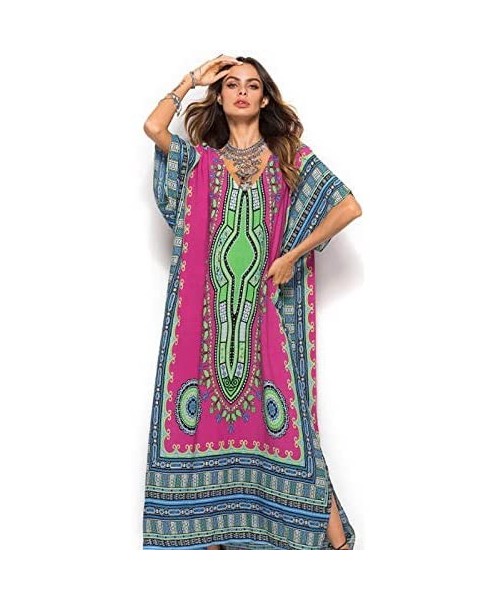 Cover-Ups Women's African Floral Print Maxi Long Dress Bat Sleeves Full Dress Bikini Cover up - Rose Red - CN199U3KE7S