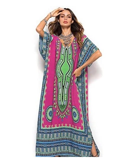 Cover-Ups Women's African Floral Print Maxi Long Dress Bat Sleeves Full Dress Bikini Cover up - Rose Red - CN199U3KE7S