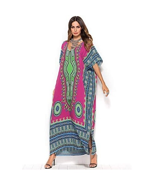 Cover-Ups Women's African Floral Print Maxi Long Dress Bat Sleeves Full Dress Bikini Cover up - Rose Red - CN199U3KE7S