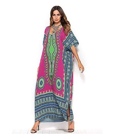 Cover-Ups Women's African Floral Print Maxi Long Dress Bat Sleeves Full Dress Bikini Cover up - Rose Red - CN199U3KE7S