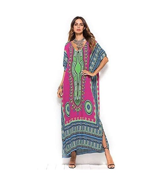 Cover-Ups Women's African Floral Print Maxi Long Dress Bat Sleeves Full Dress Bikini Cover up - Rose Red - CN199U3KE7S