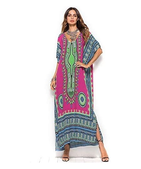 Cover-Ups Women's African Floral Print Maxi Long Dress Bat Sleeves Full Dress Bikini Cover up - Rose Red - CN199U3KE7S