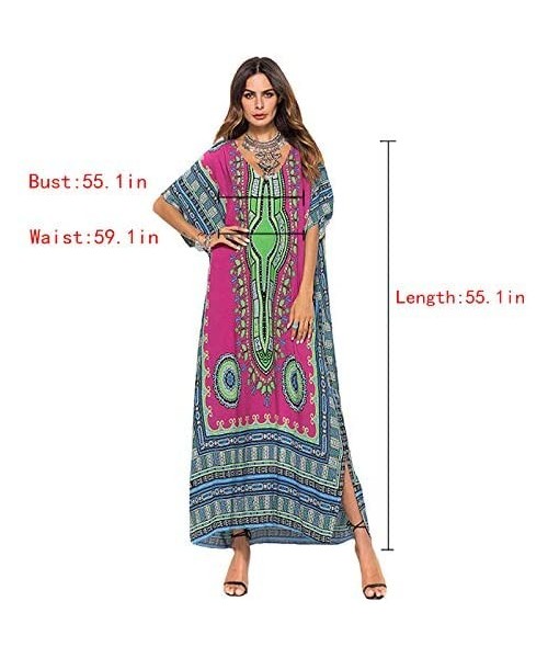 Cover-Ups Women's African Floral Print Maxi Long Dress Bat Sleeves Full Dress Bikini Cover up - Rose Red - CN199U3KE7S