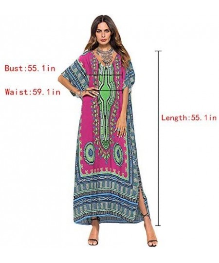 Cover-Ups Women's African Floral Print Maxi Long Dress Bat Sleeves Full Dress Bikini Cover up - Rose Red - CN199U3KE7S