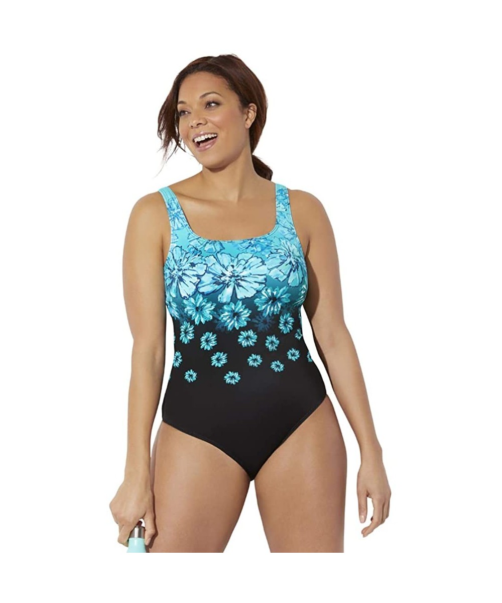 One-Pieces Women's Plus Size Chlorine Resistant Tank One Piece Swimsuit - New Turq Floral - CR196IHMR6R