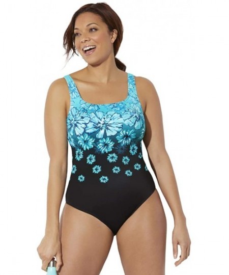 One-Pieces Women's Plus Size Chlorine Resistant Tank One Piece Swimsuit - New Turq Floral - CR196IHMR6R