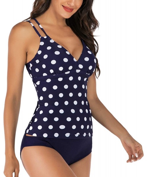 Sets Women's Strappy Tankini Set Two Piece Swimsuits Cross Back Cutout V Neck Bathing Suit - Navy - CP19C9KK5O4