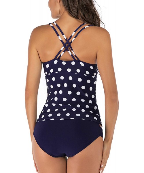 Sets Women's Strappy Tankini Set Two Piece Swimsuits Cross Back Cutout V Neck Bathing Suit - Navy - CP19C9KK5O4