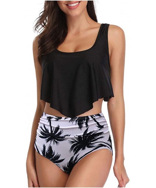 Bottoms Two Piece Swimsuits for Women Ruffled Flounce Top with High Waisted Bottom Bikini Set - Black - CK194EW584U