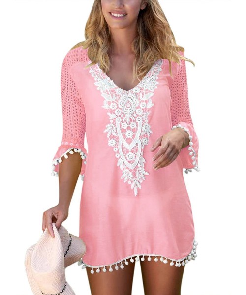 Cover-Ups Women's Crochet Chiffon Tassel Swimsuit Bikini Pom Pom Trim Swimwear Beach Cover Up - A Tassel Pink - C918CLRC9YG