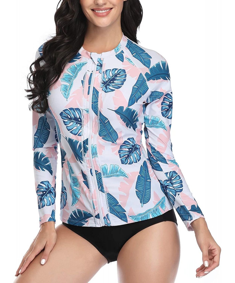 Rash Guards Women Rash Guard Zipper Long Sleeve Swimsuit Shirt Bathing Suit UPF 50 with Built in Bra - Pink Leaves - C6199737ORX