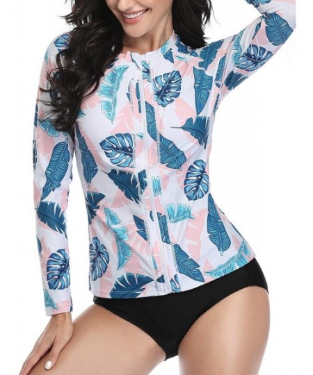 Rash Guards Women Rash Guard Zipper Long Sleeve Swimsuit Shirt Bathing Suit UPF 50 with Built in Bra - Pink Leaves - C6199737ORX