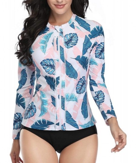 Rash Guards Women Rash Guard Zipper Long Sleeve Swimsuit Shirt Bathing Suit UPF 50 with Built in Bra - Pink Leaves - C6199737ORX