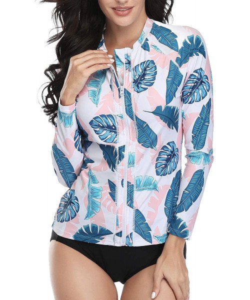 Rash Guards Women Rash Guard Zipper Long Sleeve Swimsuit Shirt Bathing Suit UPF 50 with Built in Bra - Pink Leaves - C6199737ORX