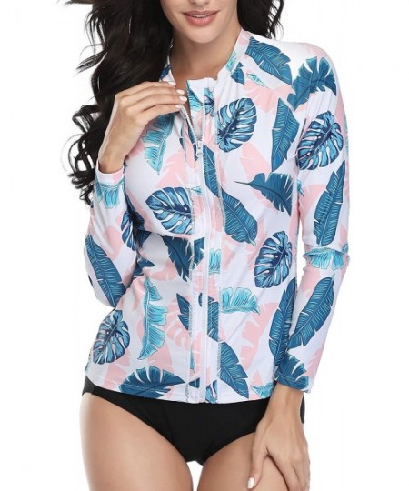 Rash Guards Women Rash Guard Zipper Long Sleeve Swimsuit Shirt Bathing Suit UPF 50 with Built in Bra - Pink Leaves - C6199737ORX