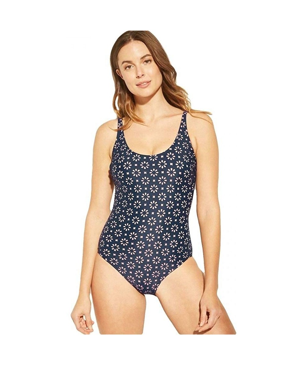 One-Pieces Women's Laser Cut One Piece Swimsuit - Navy Blue/Pink - CD198ILCGM2