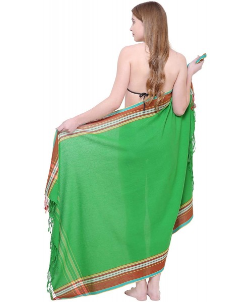 Cover-Ups Soft 100% Pure Cotton Breathable Womens Swim Beach Sarong Pareo Wrap Skirt Swim Cover-up - Green Kikoy - CP18RMHMCN5