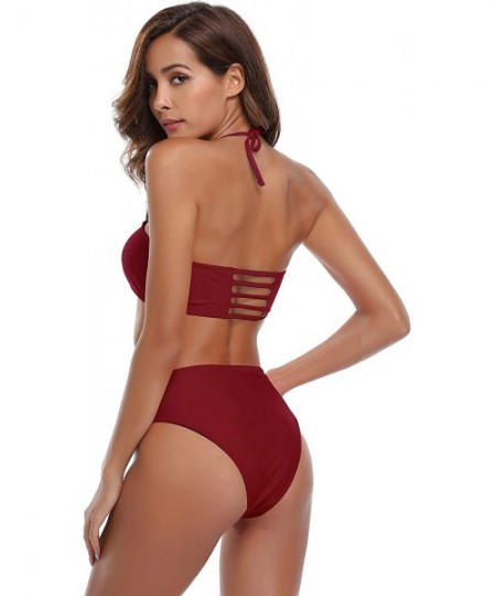 Tankinis Women's Bathing Suit Halter Bandeau Bikini Cutout Two Piece Swimsuits - Wine Red - CU18EO86Q0A