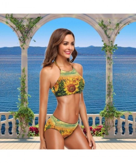 Sets Womens Chic Beach Hot Sexy 2 Piece Halter Neack High Waist Padded Swimsuits - Sunflower - C318ETW53T9