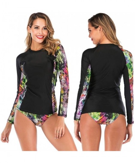 Rash Guards Women Rash Guard Shirt Long Sleeve Two Piece Beach Surfing Diving Bathing Suit Swimwear Sun Shirt with Briefs Bla...