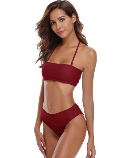 Tankinis Women's Bathing Suit Halter Bandeau Bikini Cutout Two Piece Swimsuits - Wine Red - CU18EO86Q0A