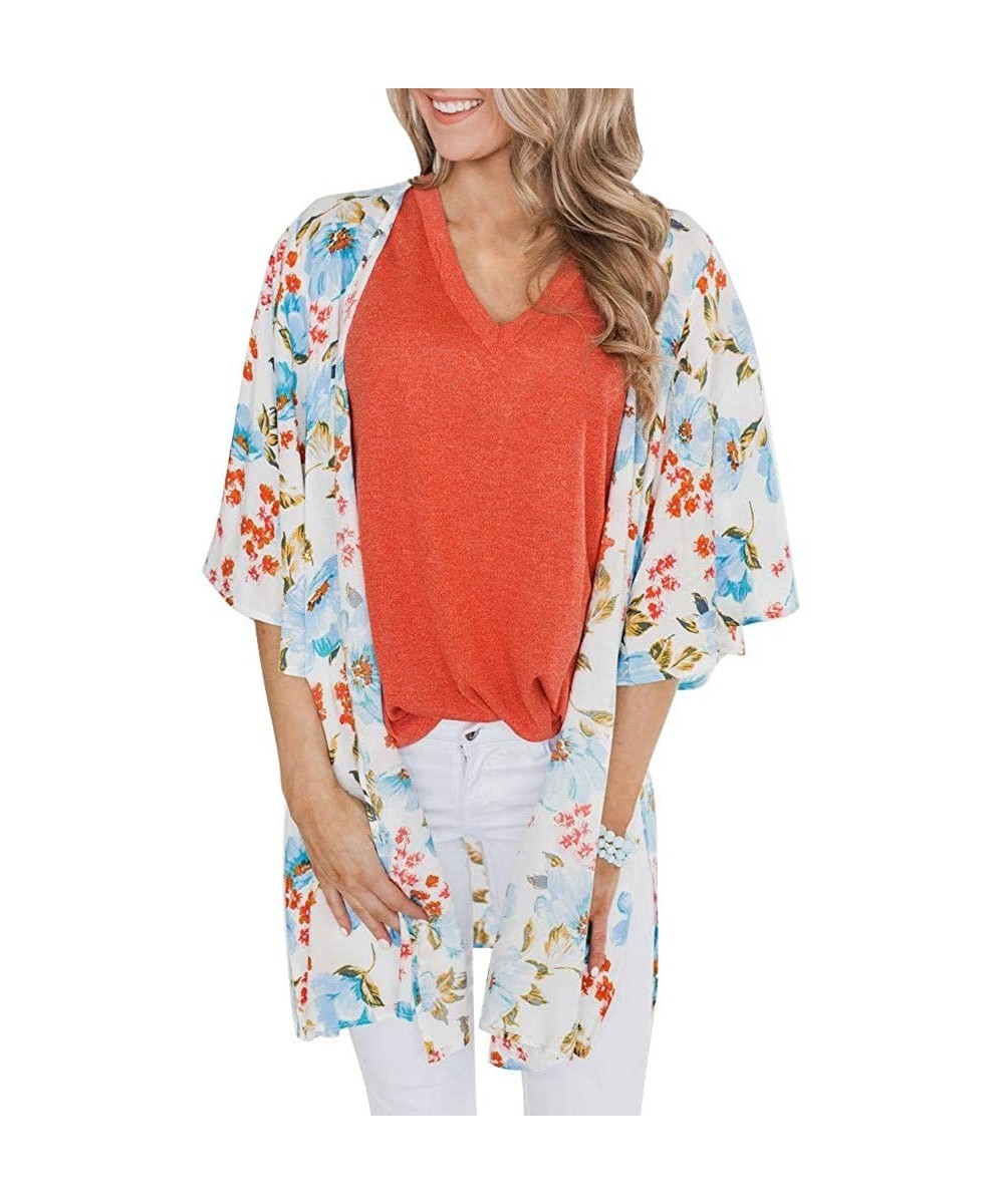 Cover-Ups Womens Kimono Cardigan- Midi Length Chiffon Shawl Floral Print Top Cover Up Blouse Smock - 6 Light Blue - CH18TUC92W3