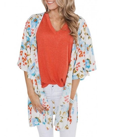 Cover-Ups Womens Kimono Cardigan- Midi Length Chiffon Shawl Floral Print Top Cover Up Blouse Smock - 6 Light Blue - CH18TUC92W3