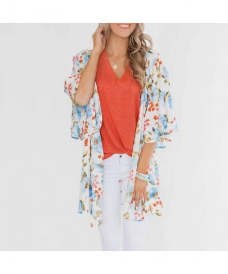 Cover-Ups Womens Kimono Cardigan- Midi Length Chiffon Shawl Floral Print Top Cover Up Blouse Smock - 6 Light Blue - CH18TUC92W3