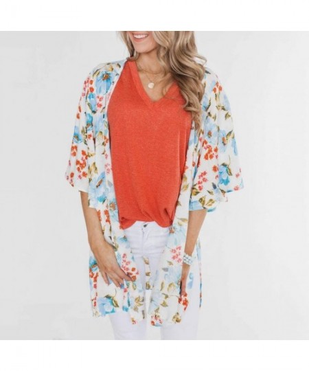 Cover-Ups Womens Kimono Cardigan- Midi Length Chiffon Shawl Floral Print Top Cover Up Blouse Smock - 6 Light Blue - CH18TUC92W3