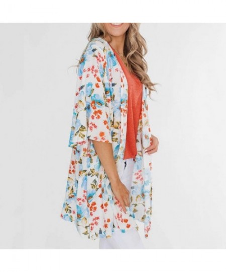 Cover-Ups Womens Kimono Cardigan- Midi Length Chiffon Shawl Floral Print Top Cover Up Blouse Smock - 6 Light Blue - CH18TUC92W3