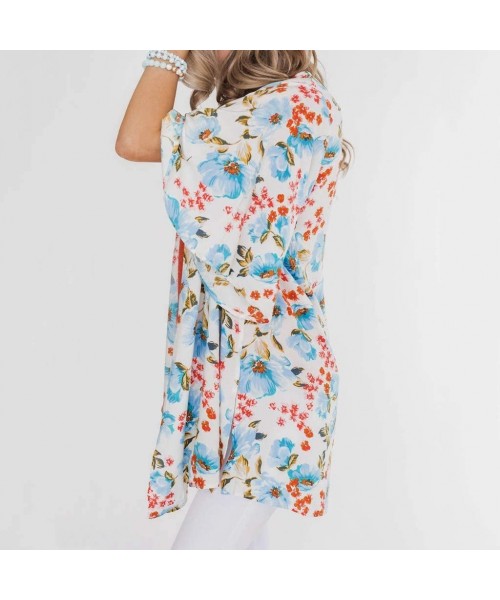 Cover-Ups Womens Kimono Cardigan- Midi Length Chiffon Shawl Floral Print Top Cover Up Blouse Smock - 6 Light Blue - CH18TUC92W3