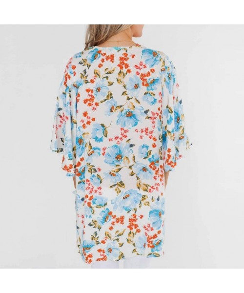 Cover-Ups Womens Kimono Cardigan- Midi Length Chiffon Shawl Floral Print Top Cover Up Blouse Smock - 6 Light Blue - CH18TUC92W3