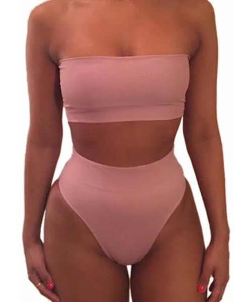 Tankinis Women's Strapless Bandeau Bikini Set 2 Pieces Solid Color High Cut Cheeky High Waist Swimsuit - A-pink - CJ1905L344E