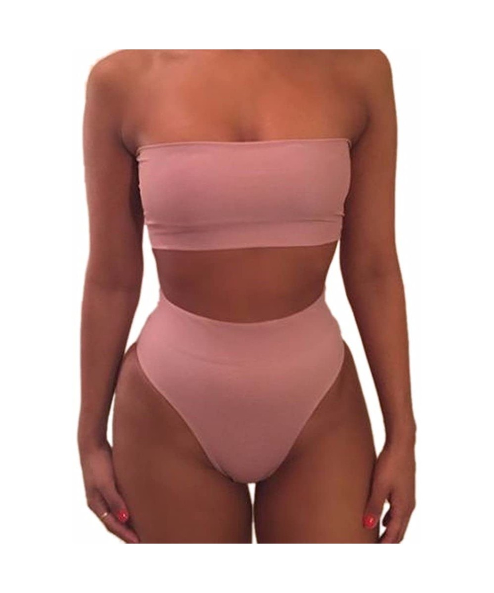 Tankinis Women's Strapless Bandeau Bikini Set 2 Pieces Solid Color High Cut Cheeky High Waist Swimsuit - A-pink - CJ1905L344E