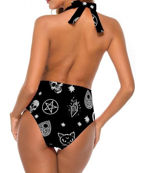 One-Pieces One Piece Swimsuit for All Women- Backless V Neck Monokini Bathing Suit - Skull Cat Moon Gothic Pattern Black - CN...