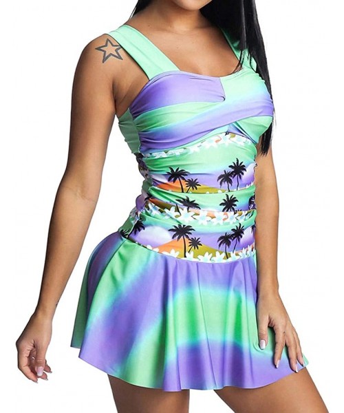 Racing Womens Swim Dress with Short Two Piece Tankini Rainbow Swimsuit - Mint Green - CV18TE6HIWQ