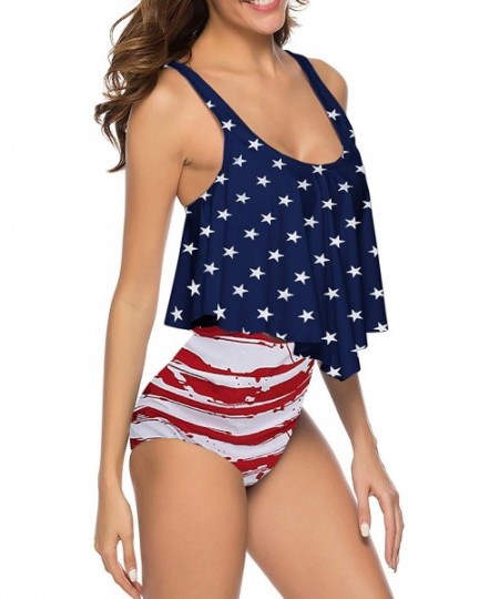 Tankinis Women High Waisted Swimsuit Two Piece Ruffled Flounce Top with Ruched Bottom - 08american Flag - CC18ULWY2KH