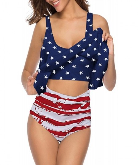 Tankinis Women High Waisted Swimsuit Two Piece Ruffled Flounce Top with Ruched Bottom - 08american Flag - CC18ULWY2KH