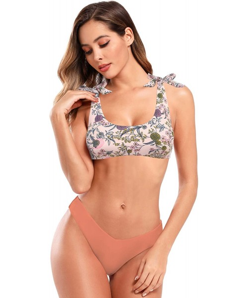 Sets Women's Tie Shoulders Bikini Floral Print Two Piece Swimsuit - Pale Pinkish Gray + Floral Printing - CG19428HAYE