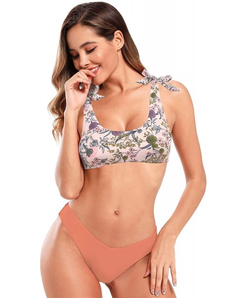 Sets Women's Tie Shoulders Bikini Floral Print Two Piece Swimsuit - Pale Pinkish Gray + Floral Printing - CG19428HAYE