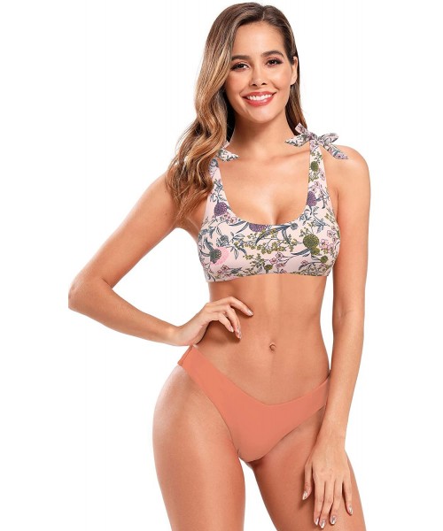 Sets Women's Tie Shoulders Bikini Floral Print Two Piece Swimsuit - Pale Pinkish Gray + Floral Printing - CG19428HAYE