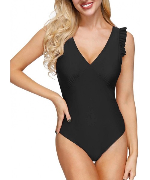 One-Pieces Women's Sexy Plunge V Neck One Piece Swimsuit Ruched Beach Swimwear Bathing Suit - Black-1 - CF193IZ9Y2A