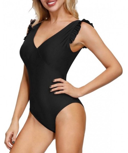 One-Pieces Women's Sexy Plunge V Neck One Piece Swimsuit Ruched Beach Swimwear Bathing Suit - Black-1 - CF193IZ9Y2A