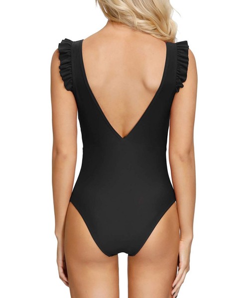 One-Pieces Women's Sexy Plunge V Neck One Piece Swimsuit Ruched Beach Swimwear Bathing Suit - Black-1 - CF193IZ9Y2A