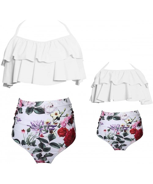 Racing Mommy and Me Swimsuits Ruffles High Waisted Family Matching Bikini Sets - White007 - CL18Q8OKIQ6