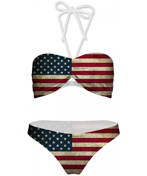 Sets Women Patriotic Push Up Bandeau Vintage USA Flag Bikini Swimsuit Beachwear Bathing Suits - Multicolor1 - C718RQKWIN6